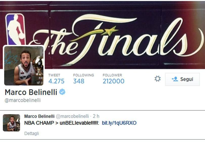 Il profilo Twitter di Beli: da oggi  campione NBA. UnBELIevable. Ansa